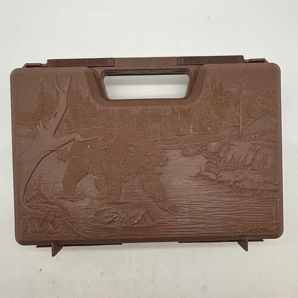 Brown Plastic Hard‎ Case Embossed Grizzly Bear Scene Foam Lined Storage Box